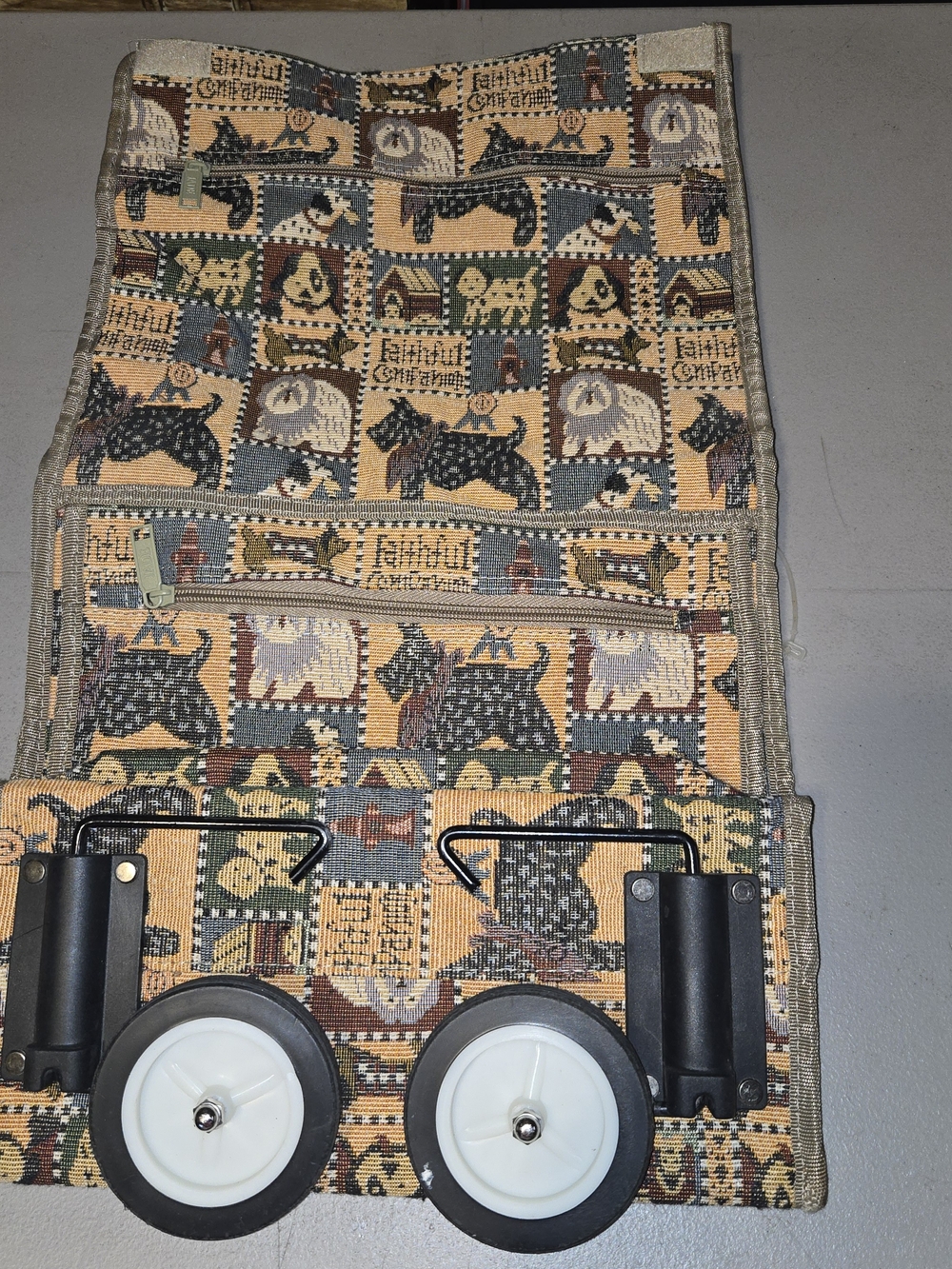 Faithful Companion Tapestry Shopping Travel Tote Bag Wheels Folding, Collapsable